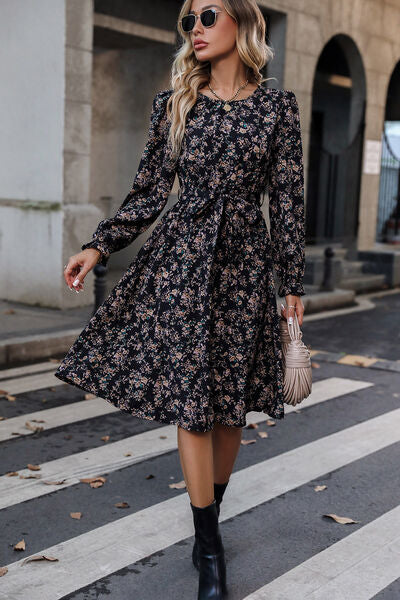 Printed Round Neck Flounce Sleeve Dress |1mrk.com