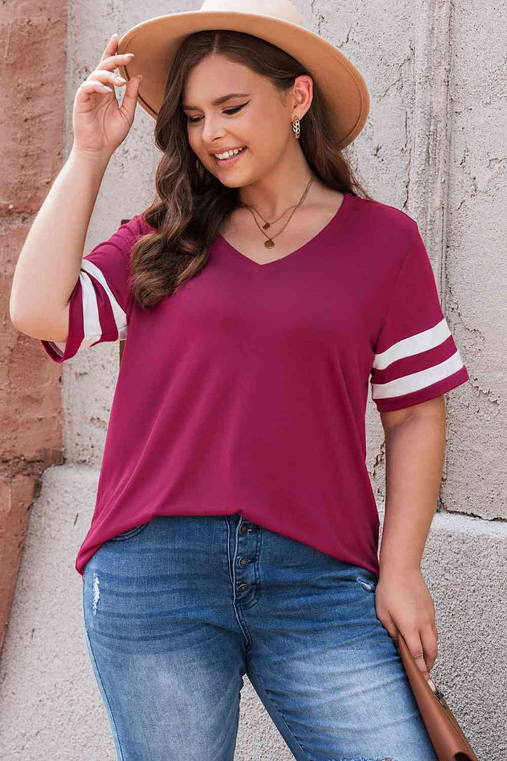 Plus Size Striped V-Neck Tee Shirt | 1mrk.com