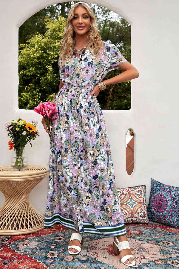 Floral Buttoned  Short Sleeve Maxi Dress |1mrk.com