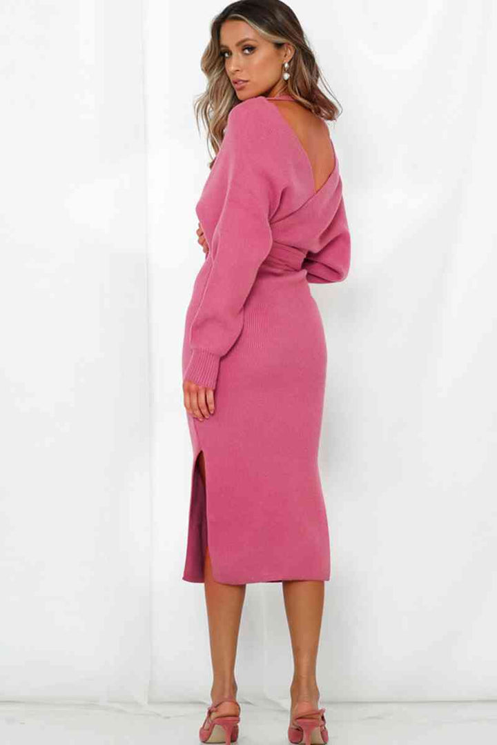 Surplice Neck Bow Waist Slit Sweater Dress |1mrk.com