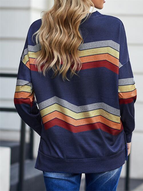 Striped Dropped Shoulder Slit Sweatshirt |1mrk.com