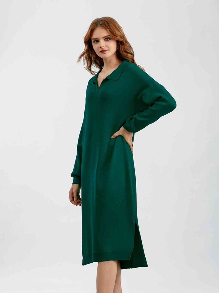 Johnny Collar Long Sleeve Slit Sweater Dress |1mrk.com