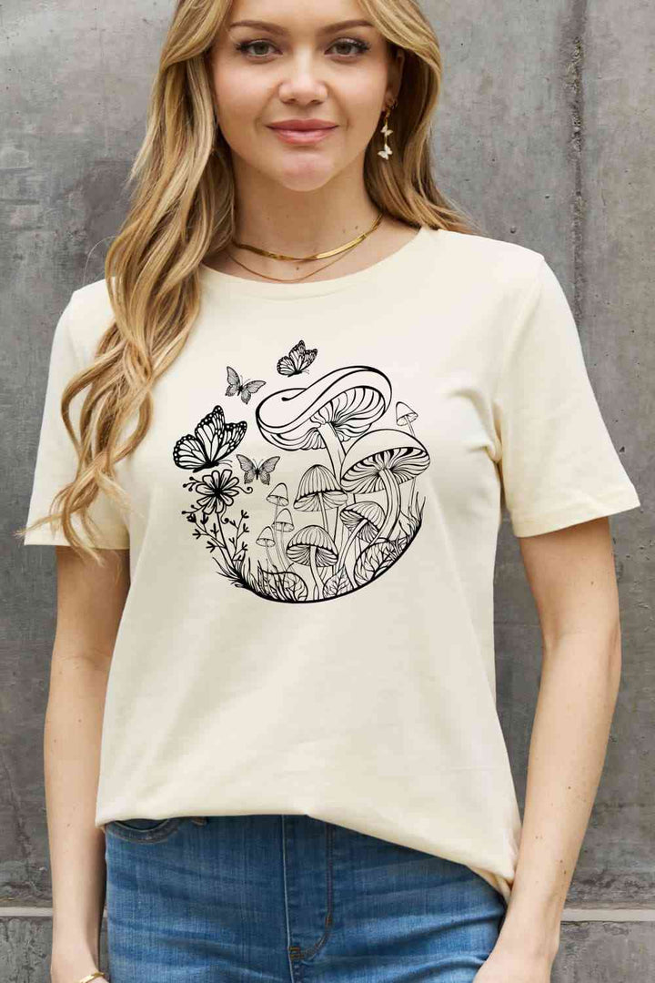 Simply Love Full Size Butterfly & Mushroom Graphic Cotton Tee | 1mrk.com