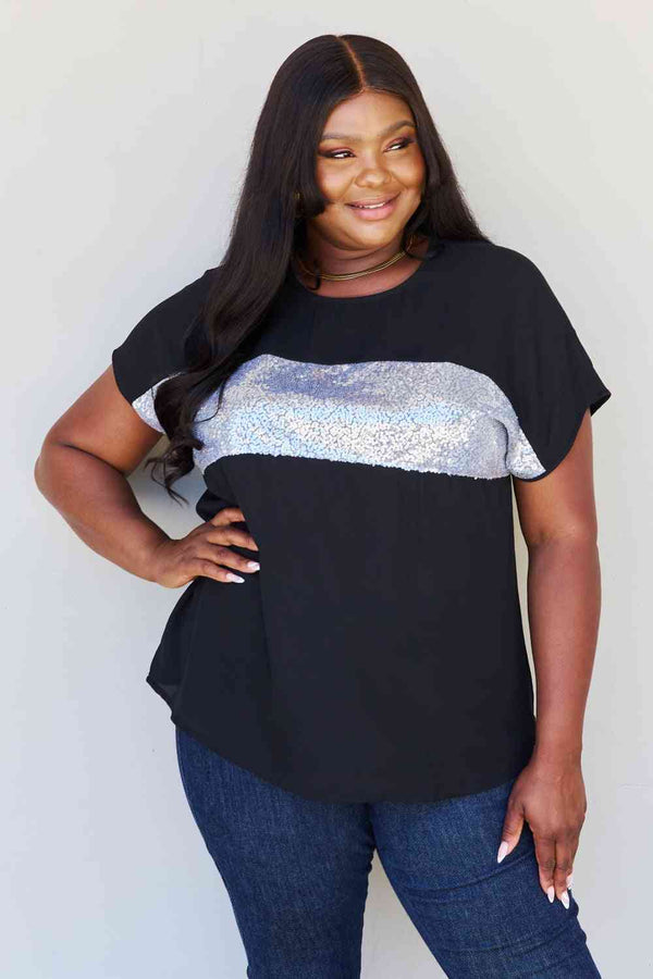 Sew In Love Shine Bright Full Size Center Mesh Sequin Top in Black/Silver | 1mrk.com