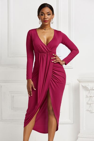 High-low Ruched Surplice Long Sleeve Dress | 1mrk.com