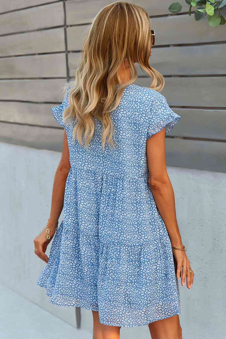 Printed V-Neck Short Sleeve Tiered Dress |1mrk.com