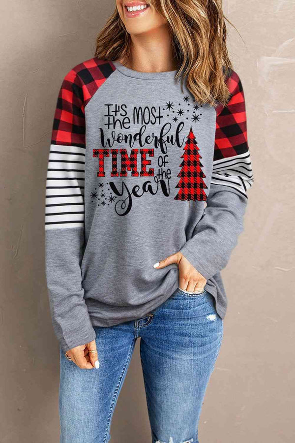 Christmas Mixed Print Letter Graphic Raglan Sleeve Top | 1mrk.com