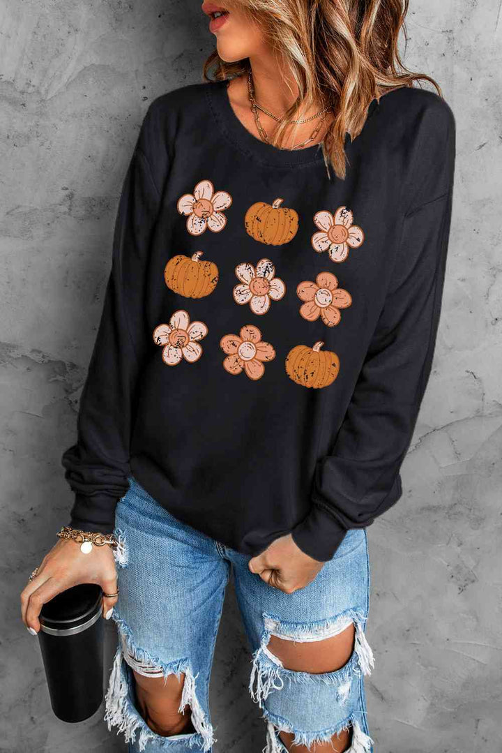 Simply Love Round Neck Long Sleeve Pumpkin & Flower Graphic Sweatshirt |1mrk.com