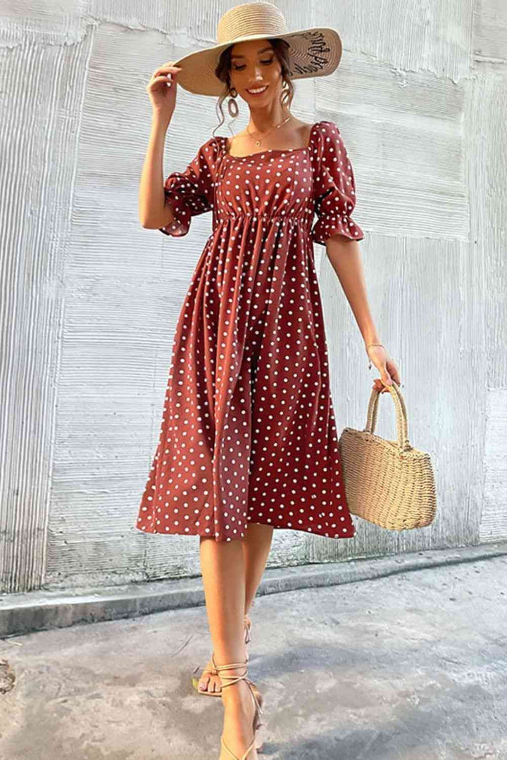 Polka Dot Square Neck Flounce Sleeve Dress | 1mrk.com