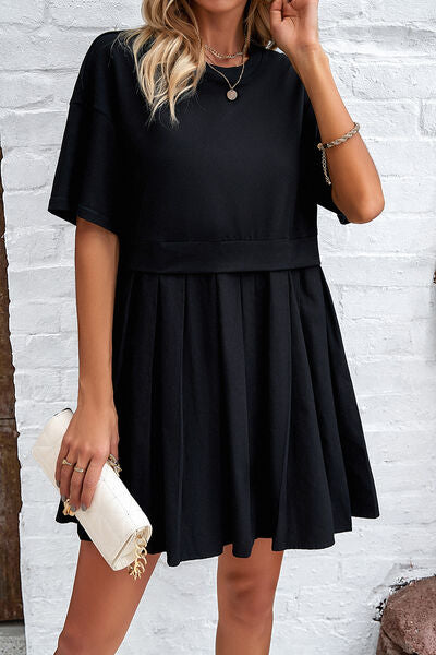 Round Neck Dropped Shoulder Mini Dress |1mrk.com