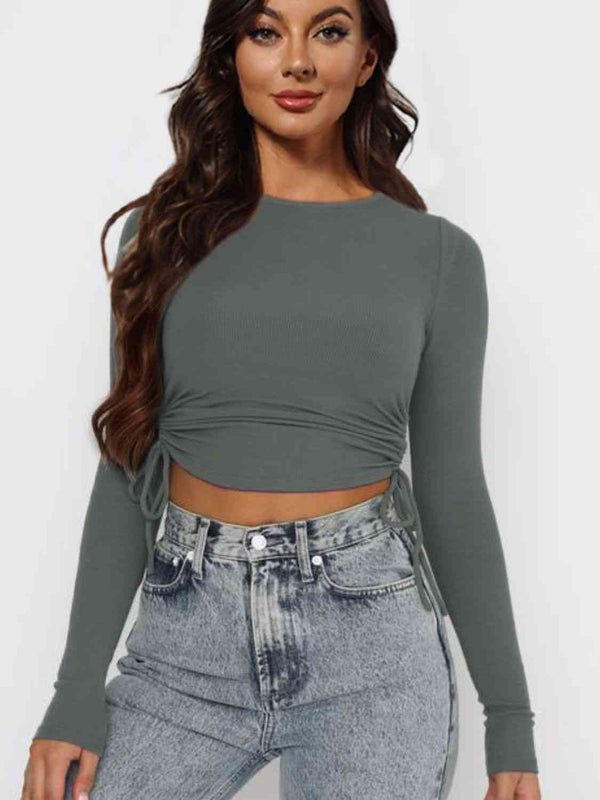 Drawstring Round Neck Long Sleeve Top | 1mrk.com