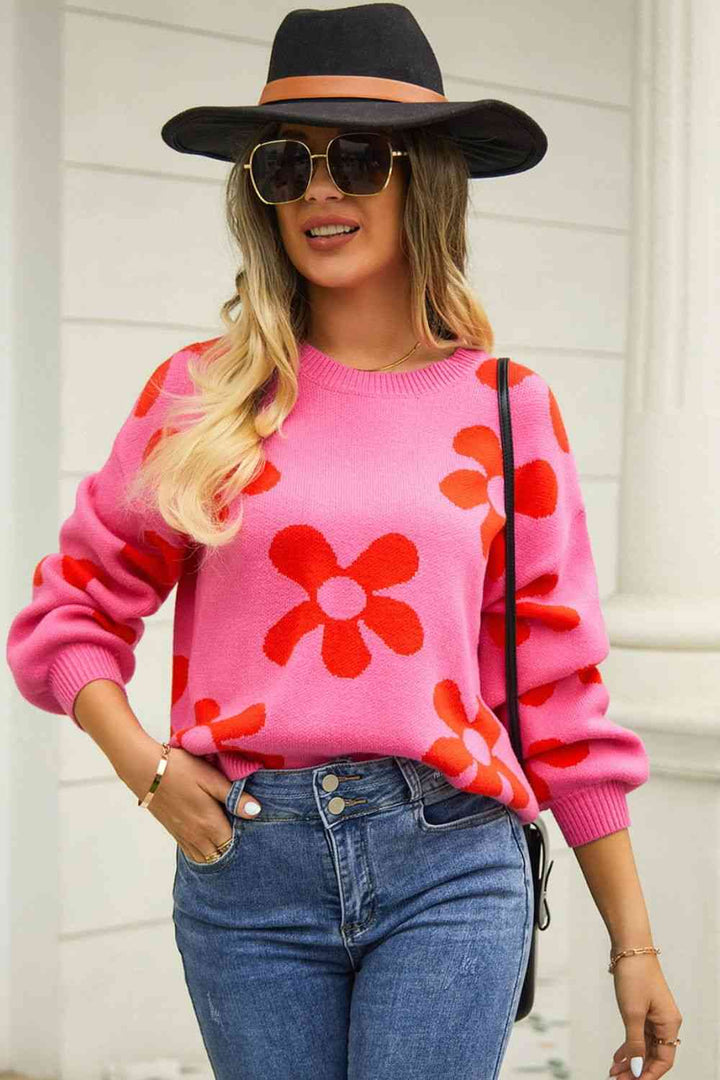 Floral Print Round Neck Dropped Shoulder Pullover Sweater |1mrk.com