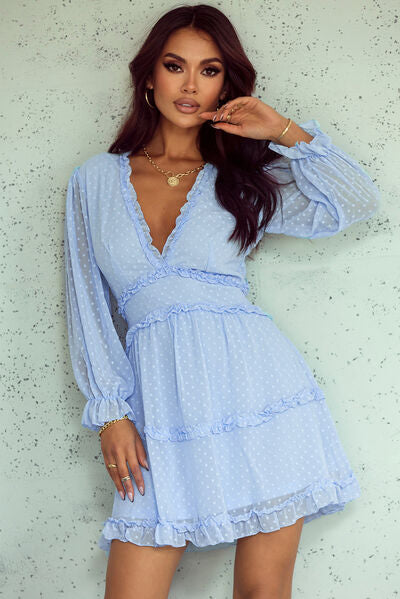 Swiss Dot Frill V-Neck Mini Dress |1mrk.com