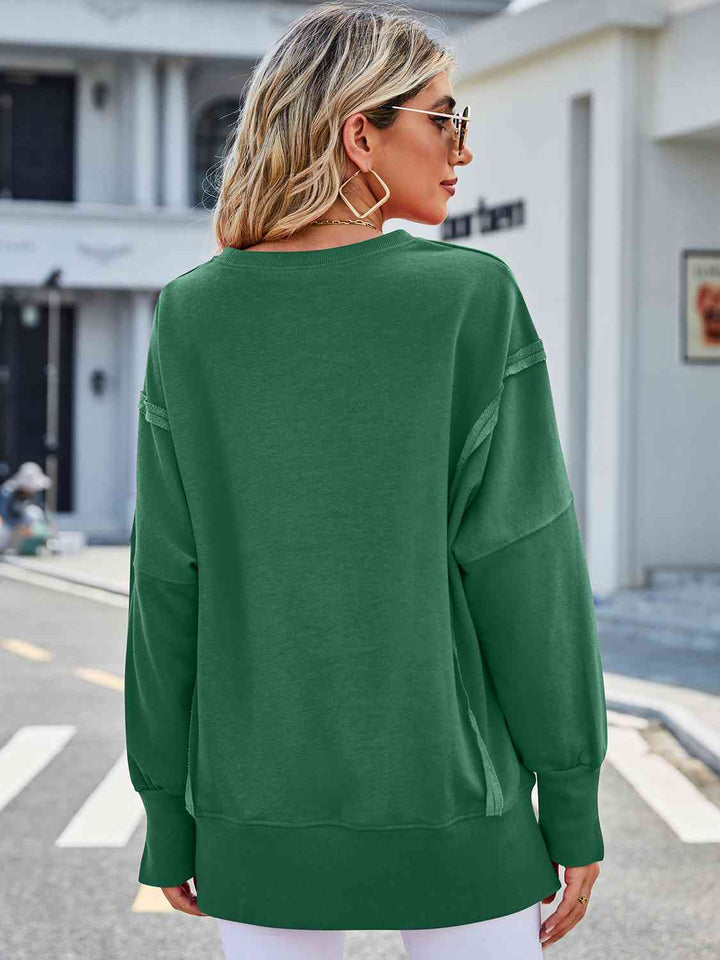 Exposed Seam High-Low Round Neck Sweatshirt |1mrk.com