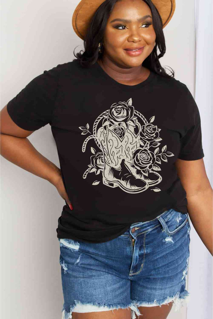 Simply Love Full Size Cowboy Boots Flower Graphic Cotton Tee | 1mrk.com
