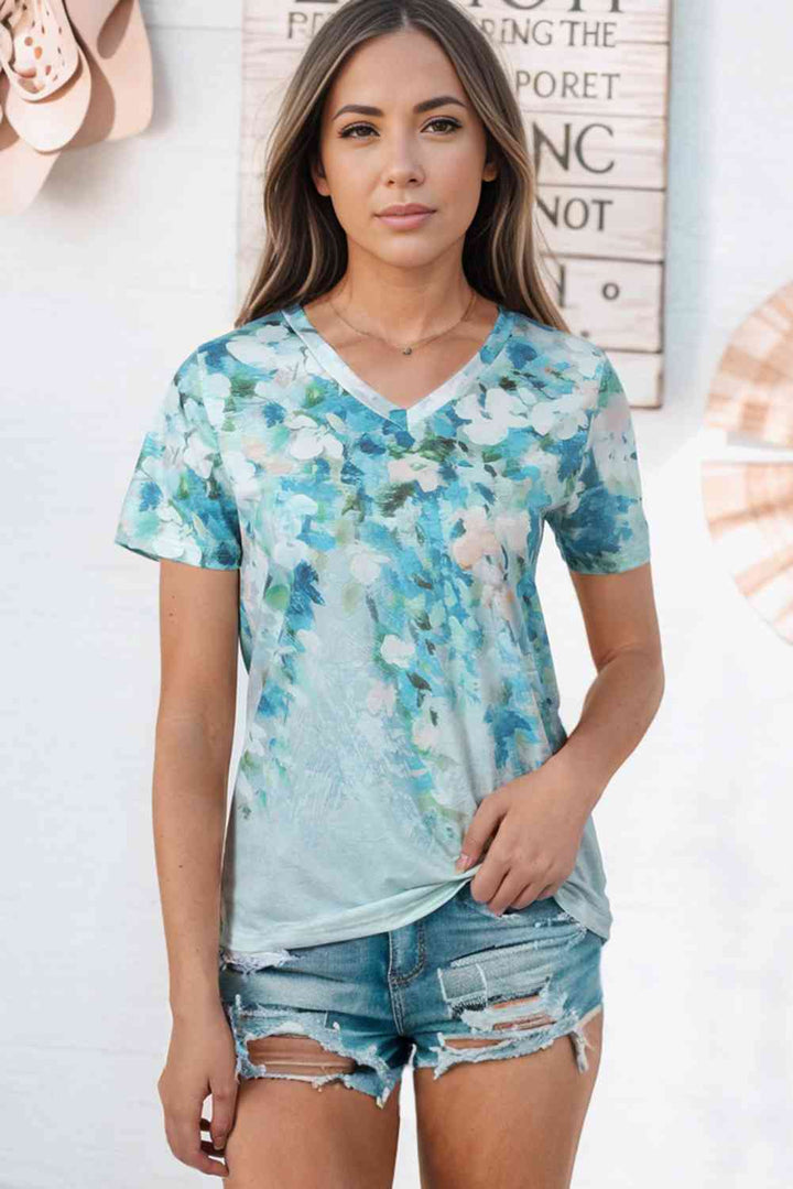 Floral V-Neck Short Sleeve Tee | 1mrk.com