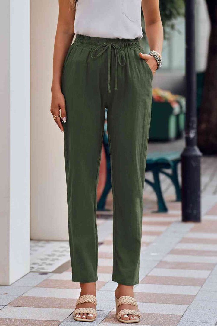 Drawstring Elastic Waist Pants with Pockets |1mrk.com