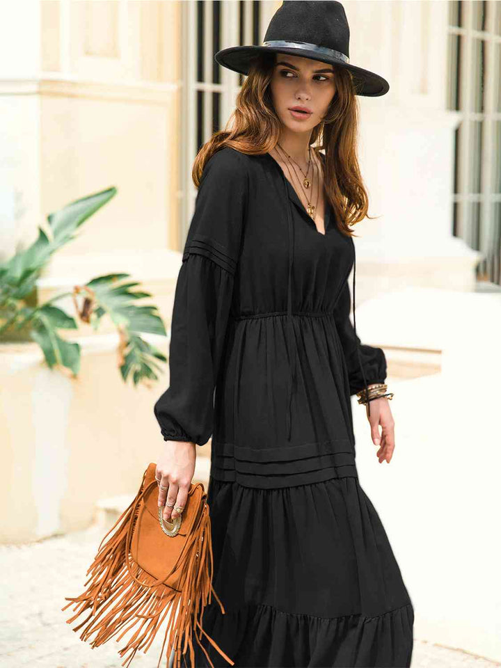 Tie Neck Long Sleeve Midi Tiered Dress | 1mrk.com