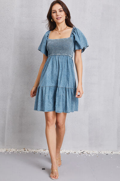 Smocked Square Neck Mini Denim Dress | 1mrk.com
