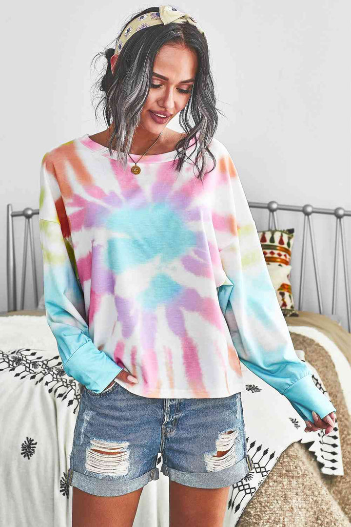 Tie-Dye Boat Neck Batwing Sleeve Tee |1mrk.com