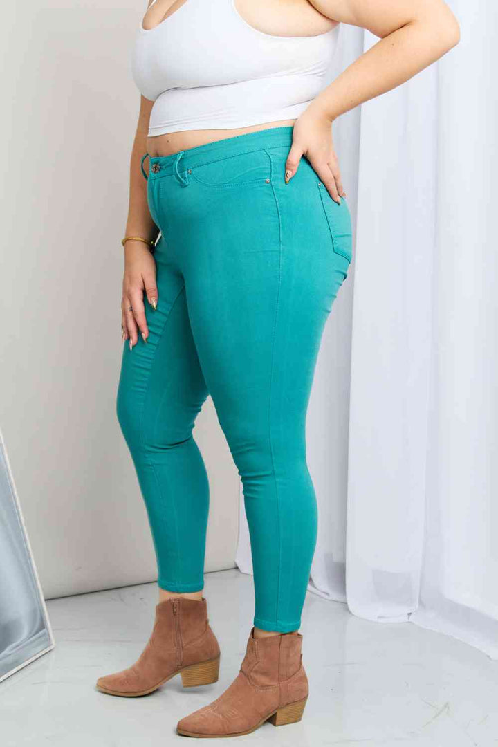 YMI Jeanswear Kate Hyper-Stretch Full Size Mid-Rise Skinny Jeans in Sea Green | 1mrk.com