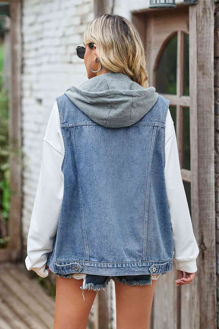 Sleeveless Hooded Denim Jacket with Pockets | 1mrk.com