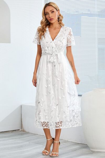 Sequin Leaf Embroidery Tie Front Short Sleeve Dress |1mrk.com