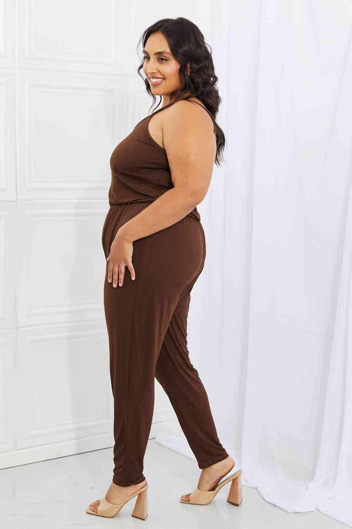Capella Comfy Casual Full Size Solid Elastic Waistband Jumpsuit in Chocolate | 1mrk.com