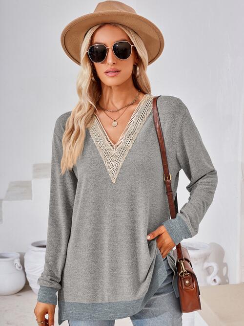 Crochet Contrast V-Neck Long Sleeve Slit T-Shirt | 1mrk.com