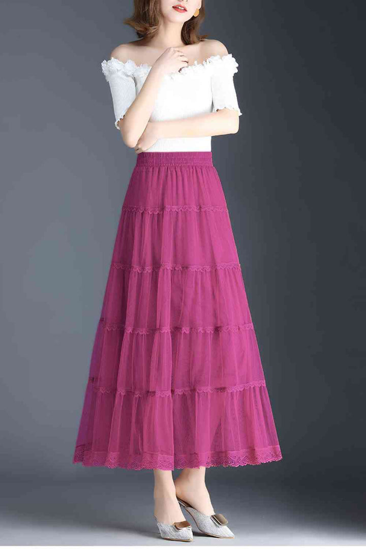 Smocked Lace Trim Midi Skirt |1mrk.com