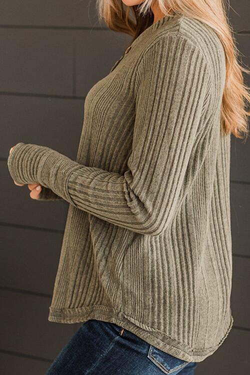 Ribbed Buttoned Long Sleeve Blouse | 1mrk.com