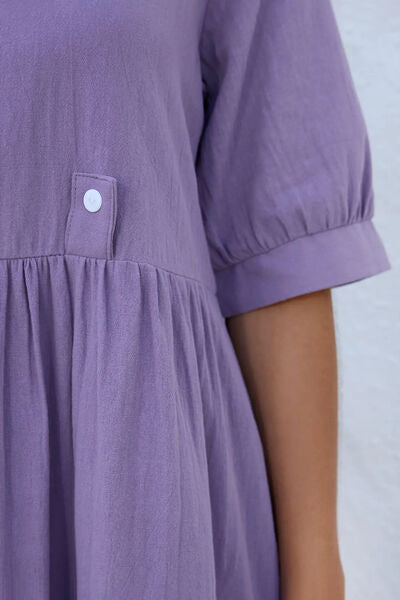 Decorative Button Round Neck Half Sleeve Dress |1mrk.com