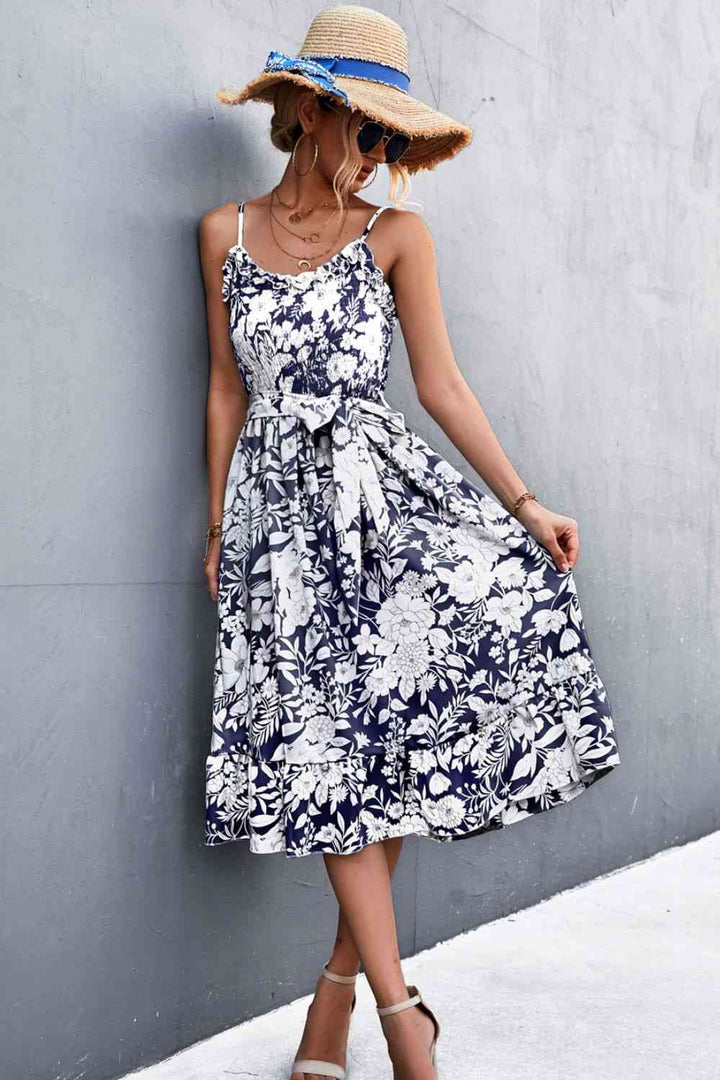 Floral Frill Trim Scoop Neck Spaghetti Strap Dress |1mrk.com