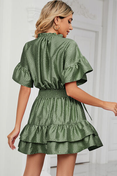 Smocked Tie Neck Flounce Sleeve Dress |1mrk.com