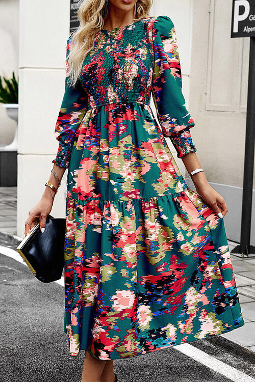 Printed Smocked Lantern Sleeve Ruffled Dress | 1mrk.com