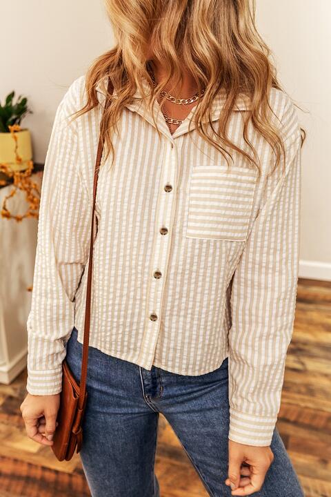 Striped Button-Up Shirt with Breast Pocket |1mrk.com