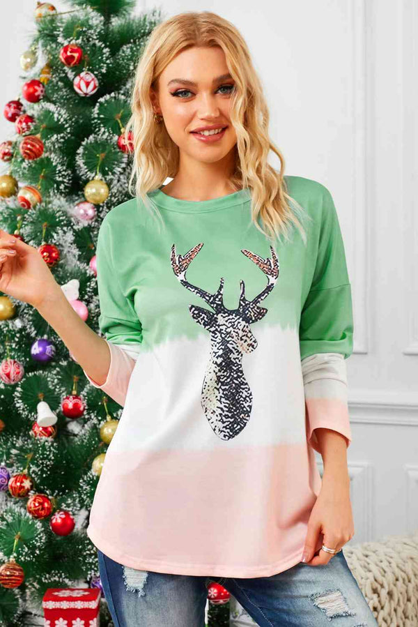 Reindeer Graphic Color Block Long Sleeve T-Shirt | 1mrk.com