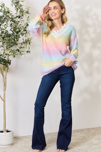 BiBi Rainbow Gradient Crochet Deetail Sweater |1mrk.com