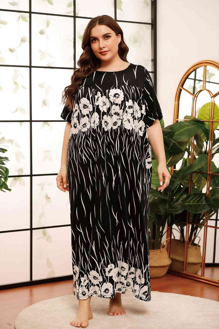 Plus Size Floral Round Neck Half Sleeve Maxi Dress |1mrk.com