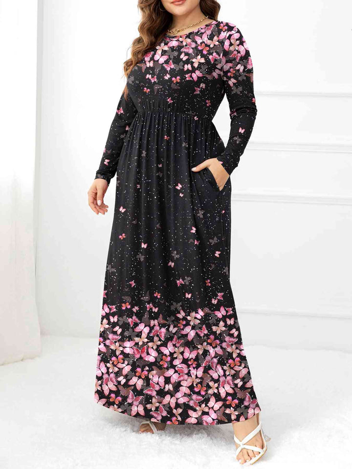 Plus Size Round Neck Maxi Dress with Pockets | 1mrk.com