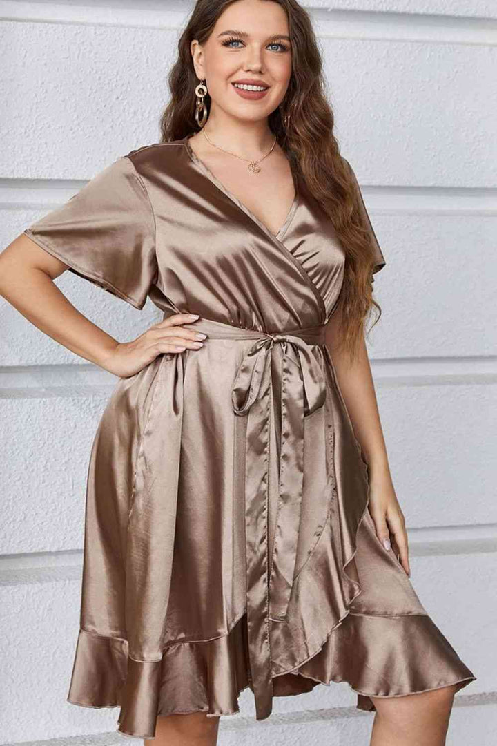 Plus Size Belted Ruffled Surplice Dress | 1mrk.com