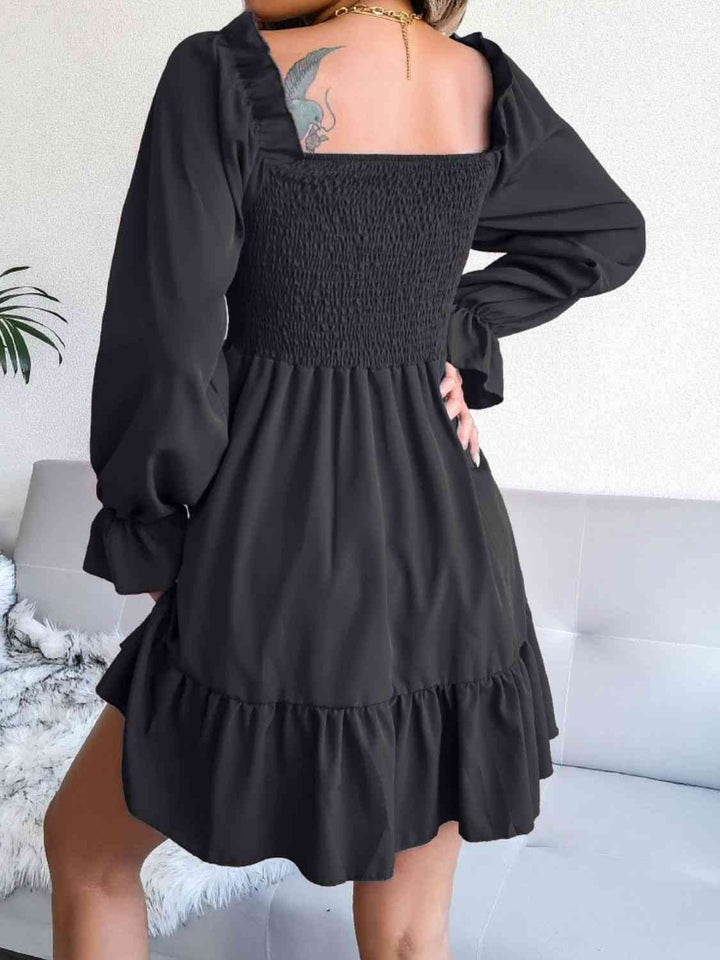 Smocked Flounce Sleeve Square Neck Dress |1mrk.com