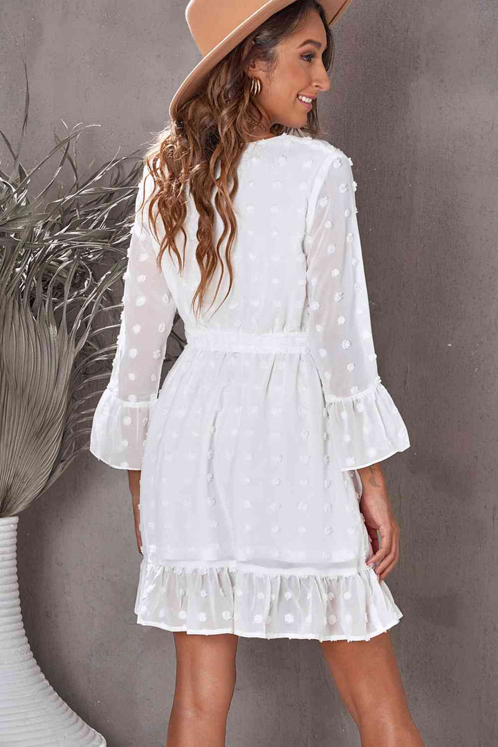 Swiss Dot Ruffled Tie-Waist Surplice Dress |1mrk.com