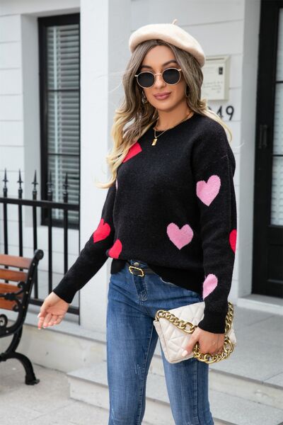 Heart Round Neck Droppped Shoulder Sweater |1mrk.com