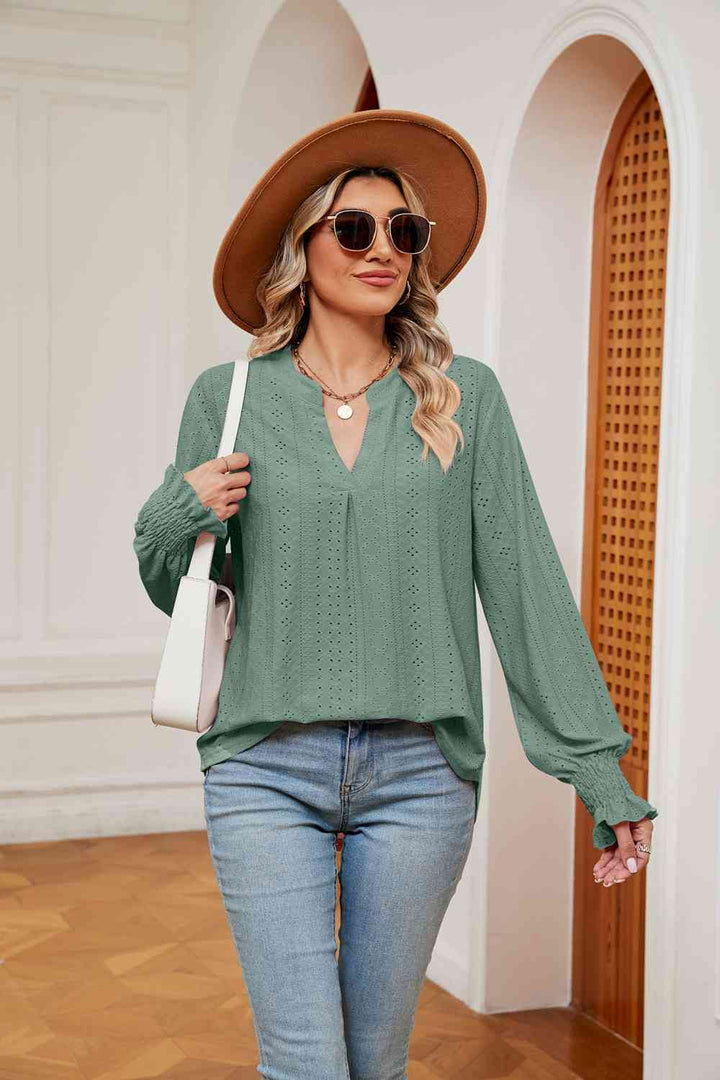 Notched Neck Flounce Sleeve Blouse | 1mrk.com