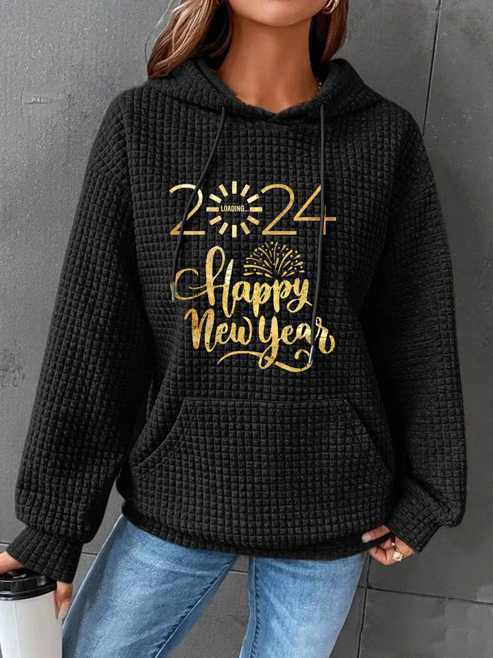 Full Size 2024 HAPPY NEW YEAR Waffle-Knit Hoodie | Trendsi