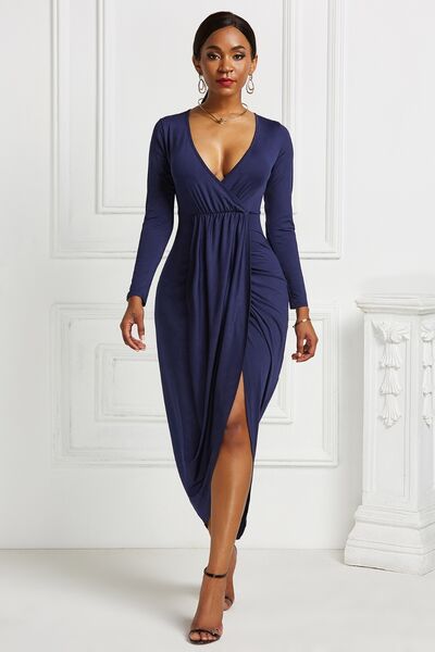 High-low Ruched Surplice Long Sleeve Dress | 1mrk.com