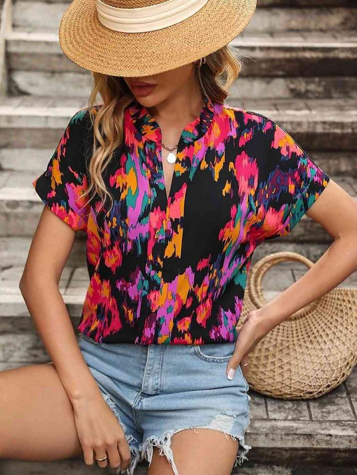 Printed Notched Neck Short Sleeve Blouse | 1mrk.com