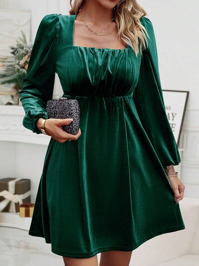 Ruched Square Neck Balloon Sleeve Dress |1mrk.com