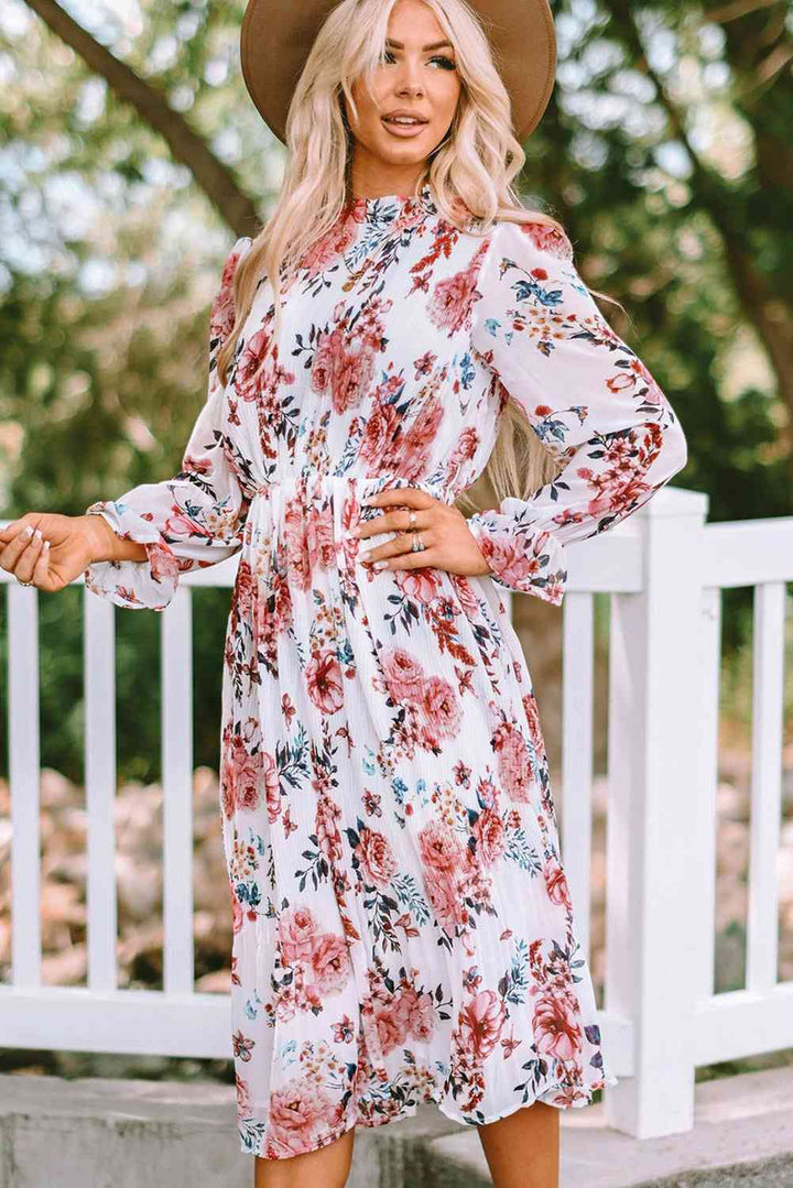 Floral Mock Neck Flounce Sleeve Midi Dress | 1mrk.com